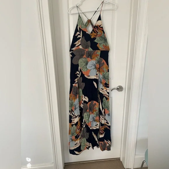 Tropical Print Navy Open Back Thigh Slit Maxi Dress Size Large - Picture 4 of 8